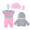 A pink and striped shirt outfit set for a baby or doll, including a long-sleeved top and matching pink pants.