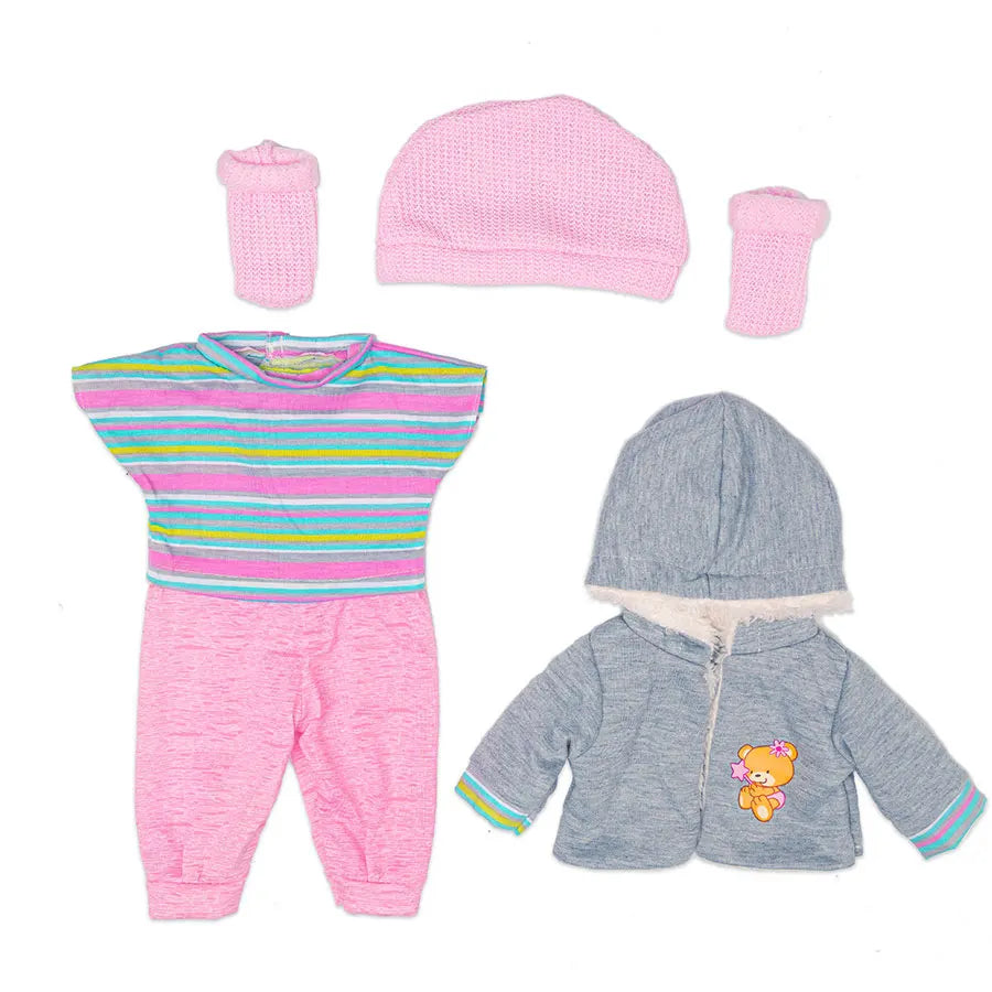 A pink and striped shirt outfit set for a baby or doll, including a long-sleeved top and matching pink pants.
