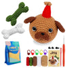 A crochet animal kit for beginners showing a brown dog figure, yarn, and tools.