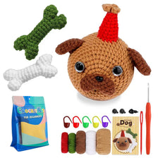 A crochet animal kit for beginners showing a brown dog figure, yarn, and tools.