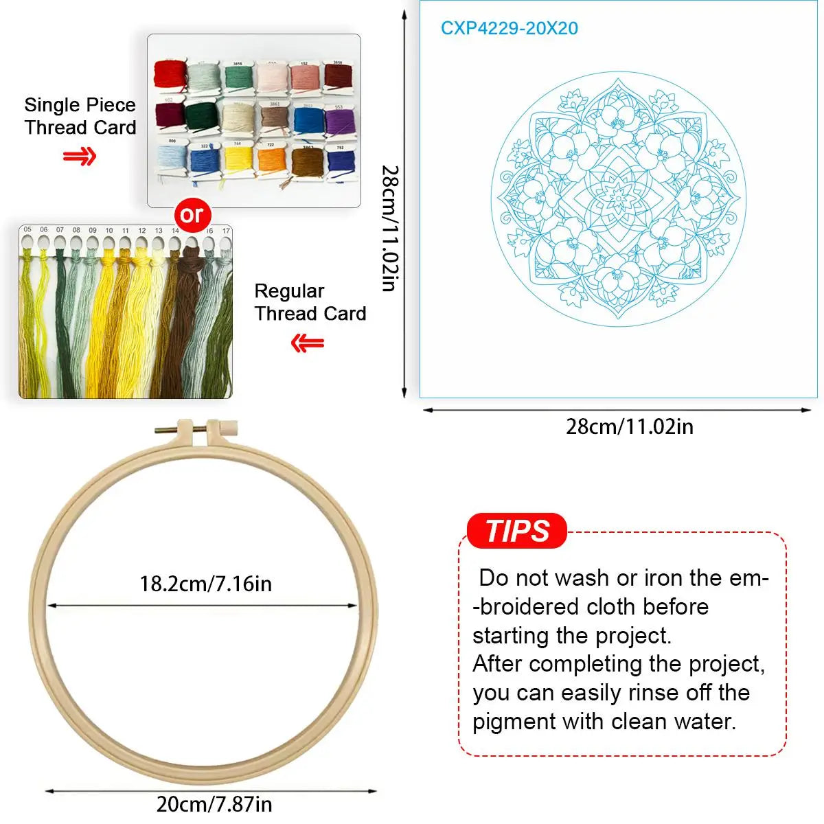 Flower embroidery starter kit showing various thread cards and a circular wooden hoop for stitching