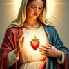 A religious painting depicting the Virgin Mary with a halo, holding a heart, and dressed in red and blue robes.