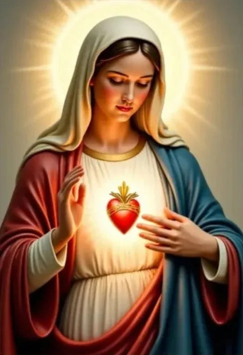 A religious painting depicting the Virgin Mary with a halo, holding a heart, and dressed in red and blue robes.