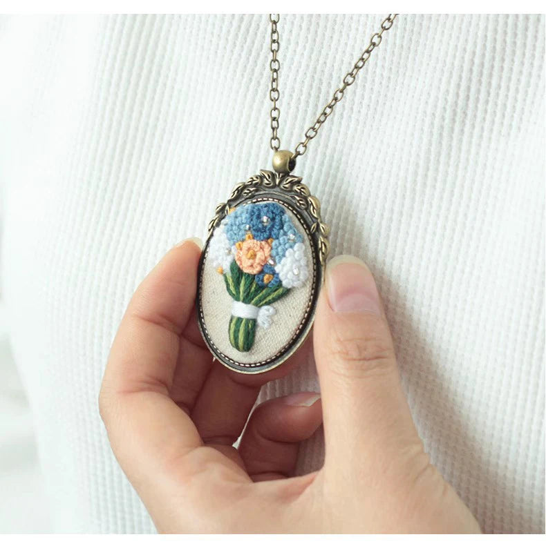 Embroidery Necklace Pendant Starter Kit with Hoop and 3 Patterns