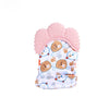 Pink cartoon baby teething mittens with bear designs for soothing gums