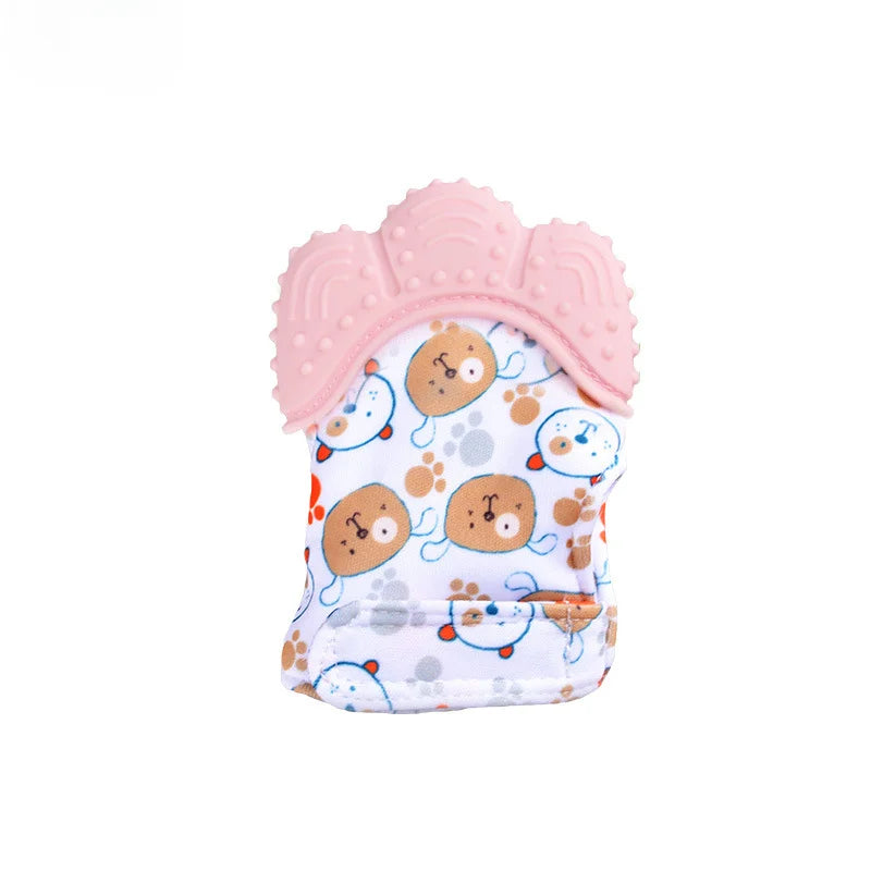 Pink cartoon baby teething mittens with bear designs for soothing gums