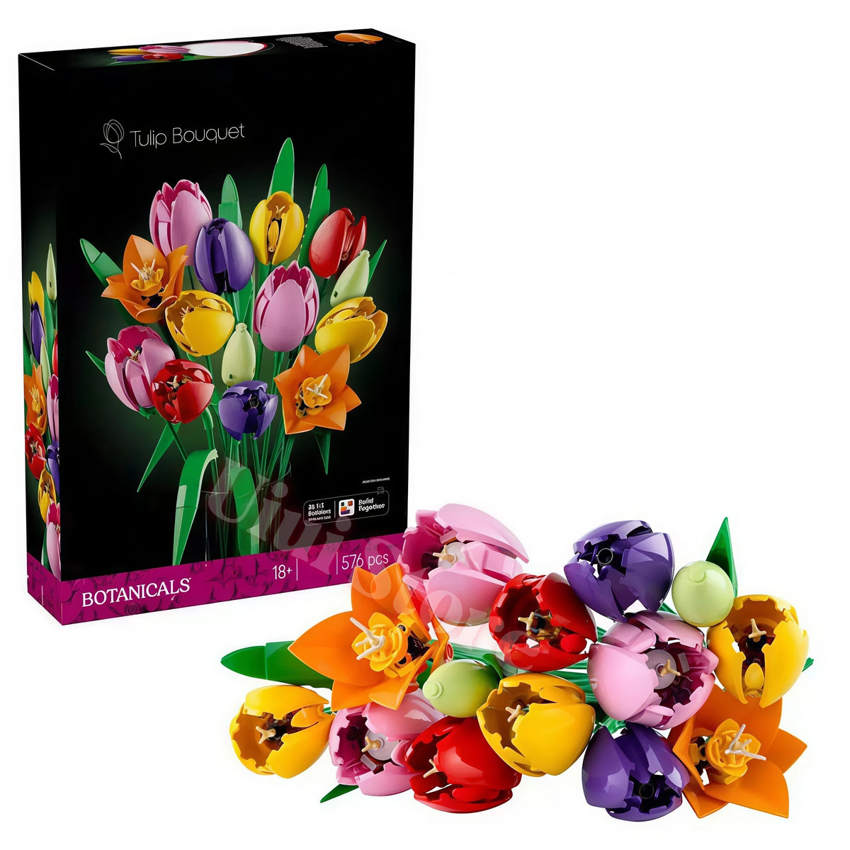 A box of Everlasting Flower Building Block Bouquet Set featuring various colorful flowers like tulips and roses.