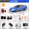 A blue 1/18 scale GTR R34 RC drift car with gyro stabilization and various accessories shown.