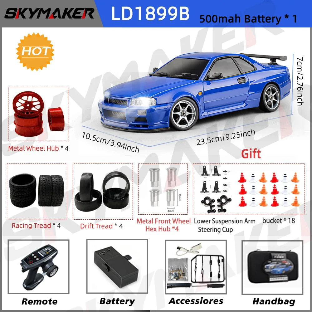A blue 1/18 scale GTR R34 RC drift car with gyro stabilization and various accessories shown.