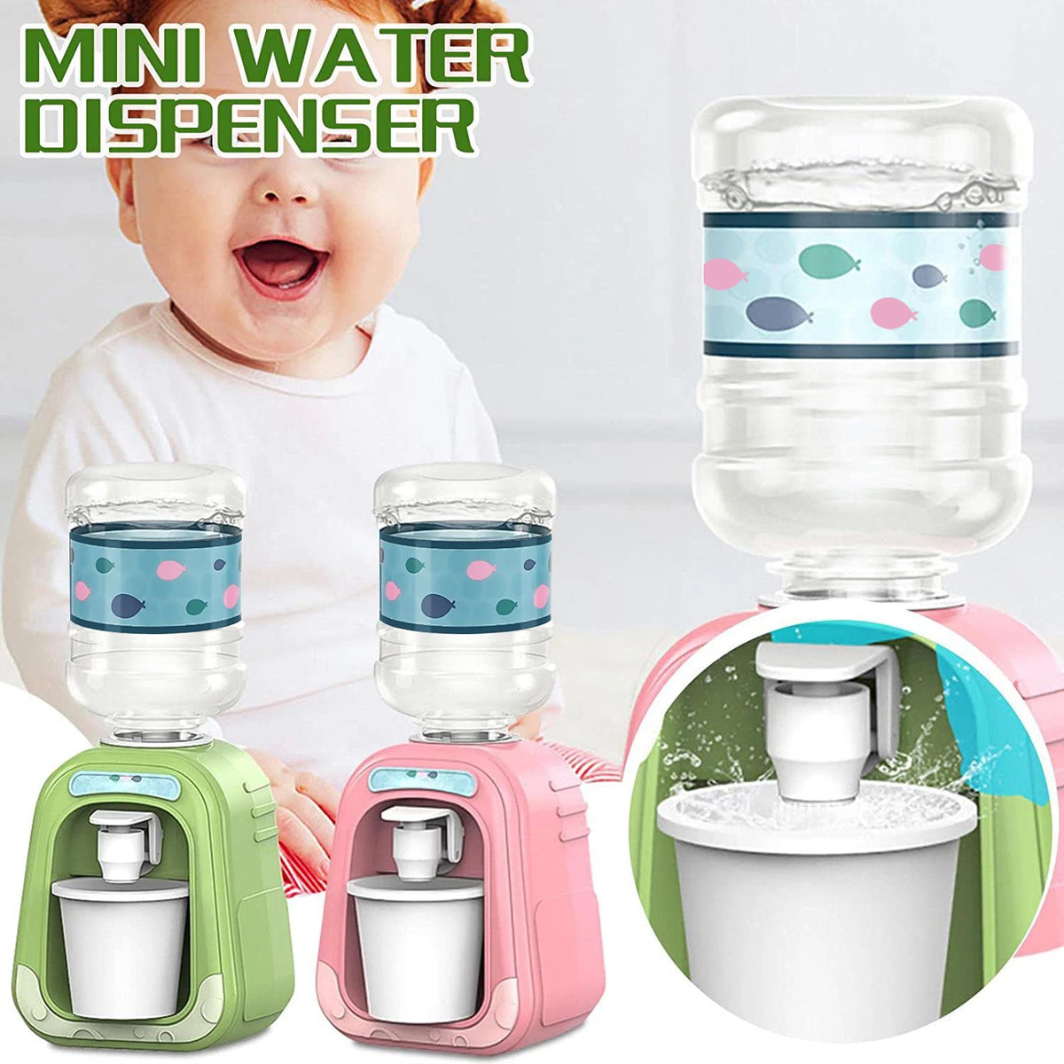 A mini water dispenser toy in green and pink colors is shown with a baby, featuring a clear bottle and a pump mechanism.