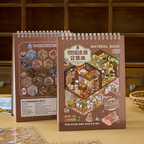 A box of MINI 3D LANDSCAPE STICKER BOOK featuring various miniature scenes and stickers.