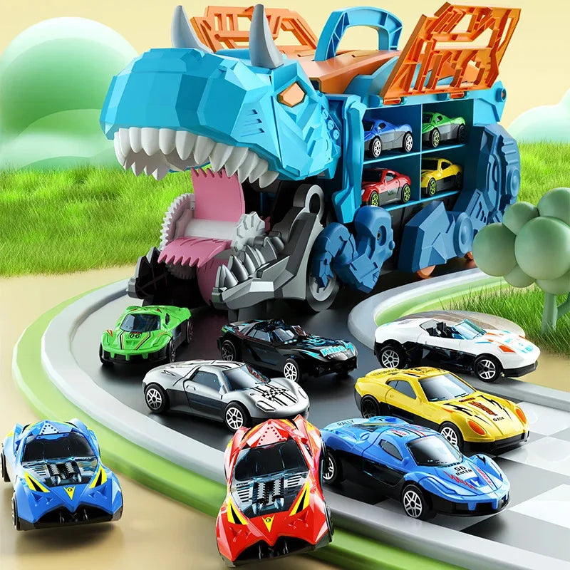A dinosaur transport truck toy set with transforming die-cast cars on a green track.