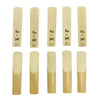 A pack of ten wooden saxophone and clarinet reeds with varying strengths labeled 2/2, 2½, and 2½.