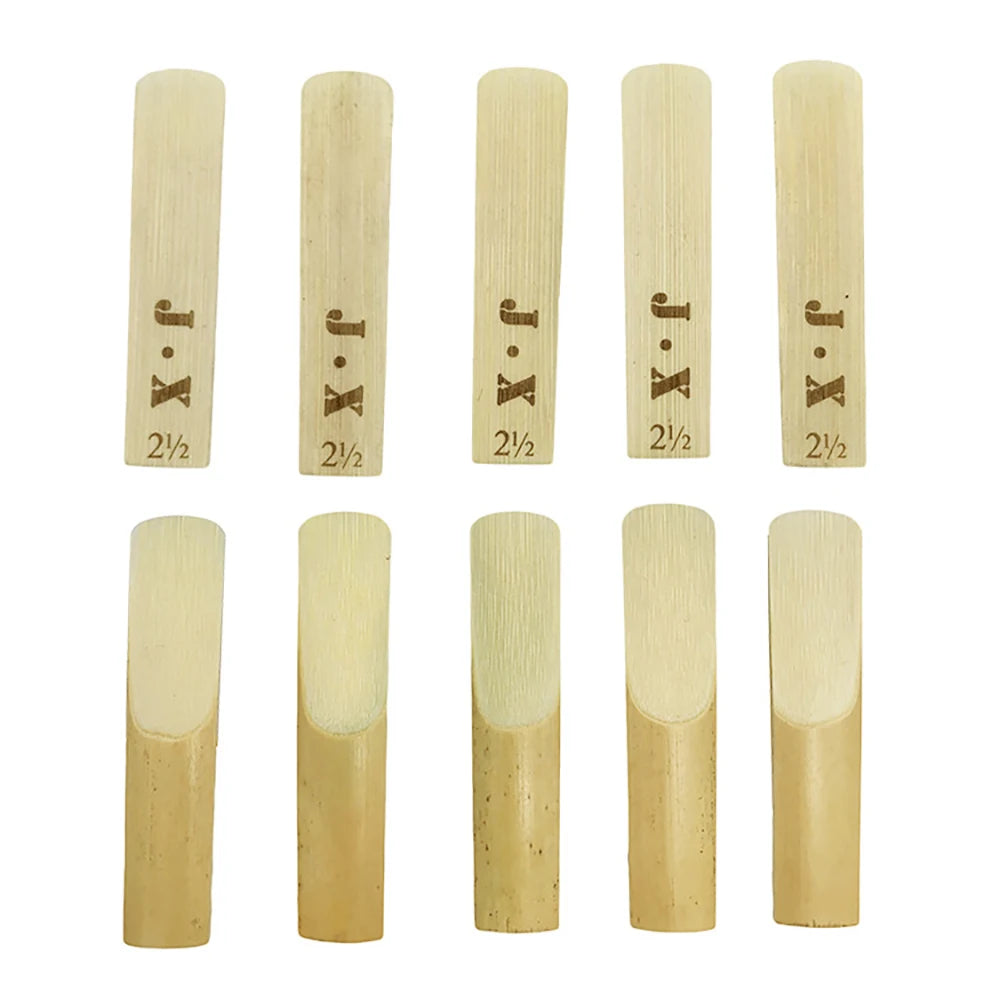 A pack of ten wooden saxophone and clarinet reeds with varying strengths labeled 2/2, 2½, and 2½.