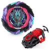 A metal spinning top battle set featuring a purple and pink design with a black launcher component.