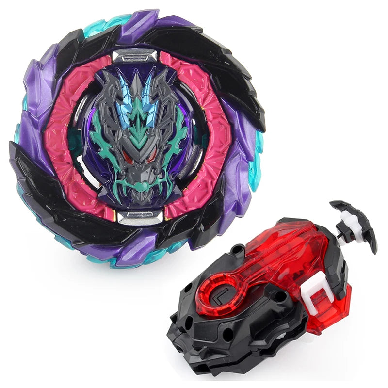 A metal spinning top battle set featuring a purple and pink design with a black launcher component.