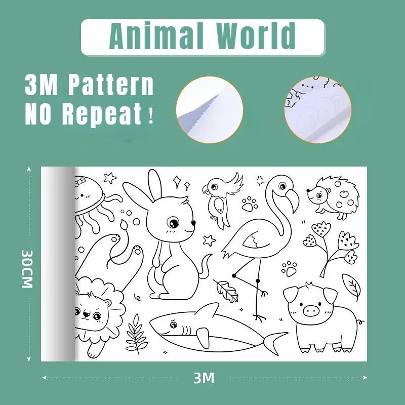 A roll of kids DIY drawing scroll featuring various animal illustrations for coloring and art projects.