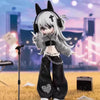 A white-haired anime figure with headphones and a cross accessory stands on a yellow field.