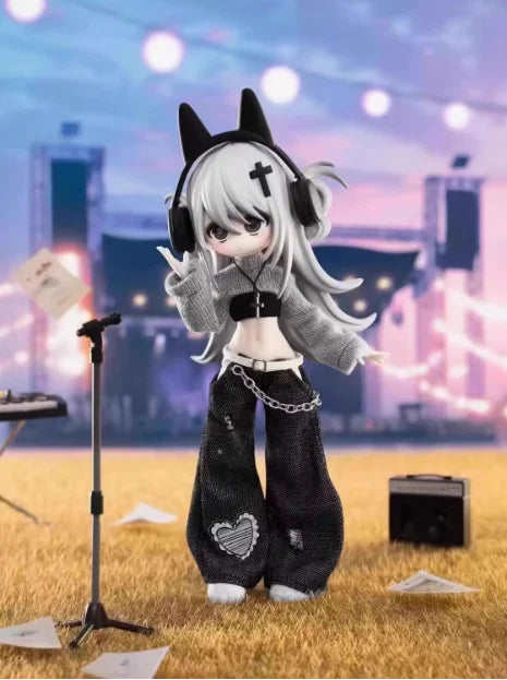 A white-haired anime figure with headphones and a cross accessory stands on a yellow field.