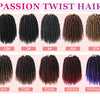 A display of various passion twist hair styles in different shades and textures for crochet