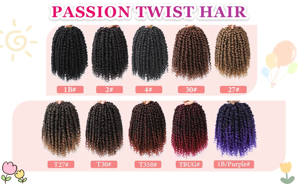 A display of various passion twist hair styles in different shades and textures for crochet