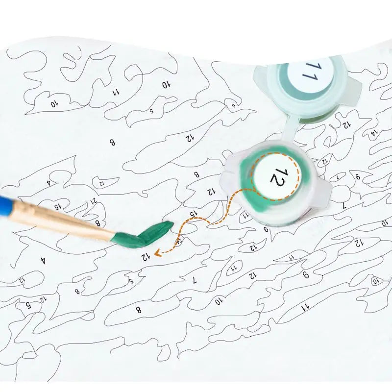 A paint by numbers activity showing a sailboat seascape outline with numbered sections and green paint dots.