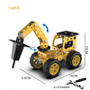 A yellow metal building block off-road vehicle and excavator engineering kit with a digging arm.