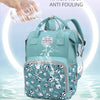 A teal mommy backpack is shown with water splashing, demonstrating waterproof anti-fouling features.