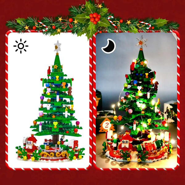 Christmas advent calendar featuring two decorated Christmas trees with lights and figures.