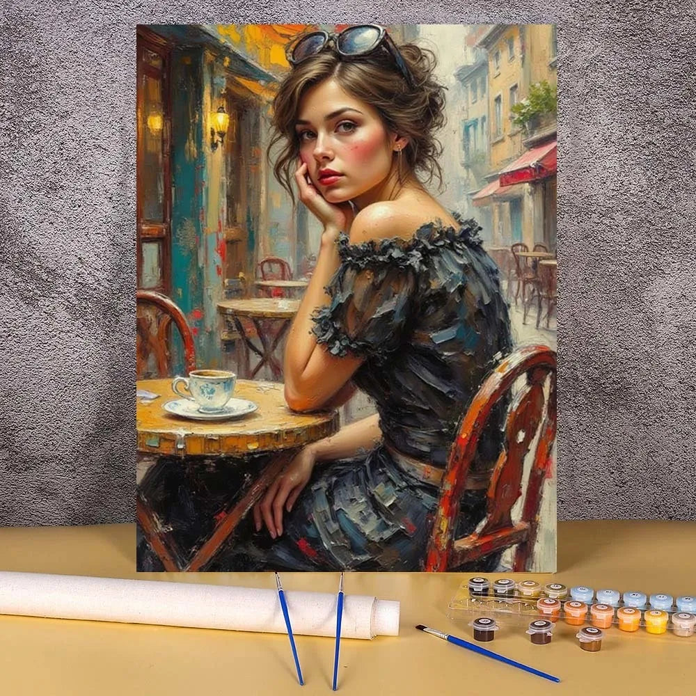 A painting by numbers kit showing an elegant woman portrait in oil paint style.