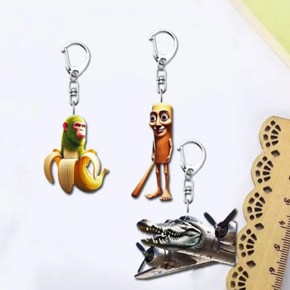 Acrylic keychain featuring a cartoon monkey and a cartoon man design