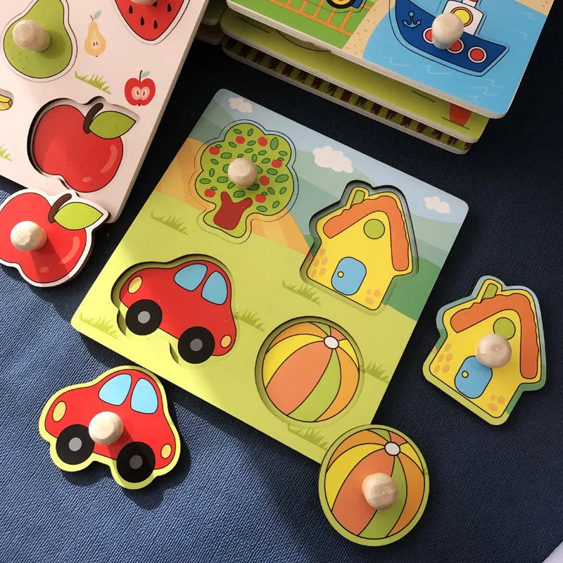 A set of Montessori wooden puzzles featuring fruit and vehicle shapes for toddlers.