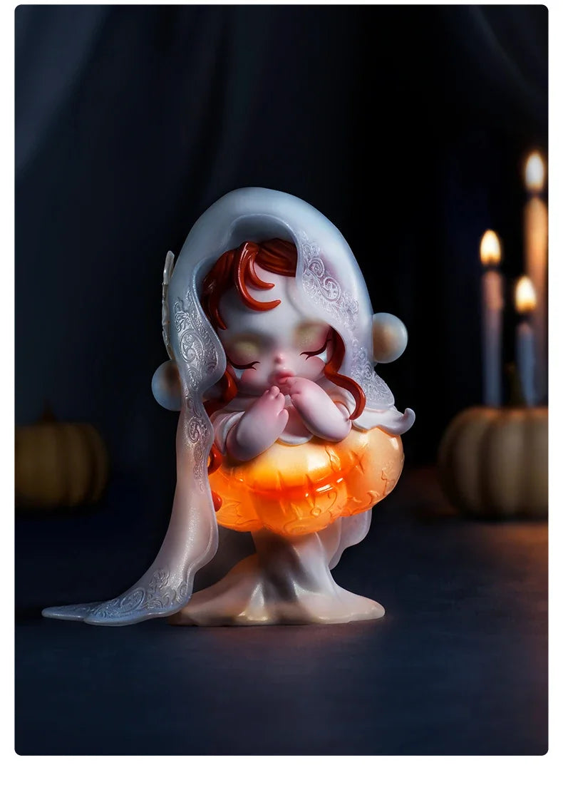 A translucent, pale pink plush doll with reddish hair and glowing orange accents sits on a dark surface.
