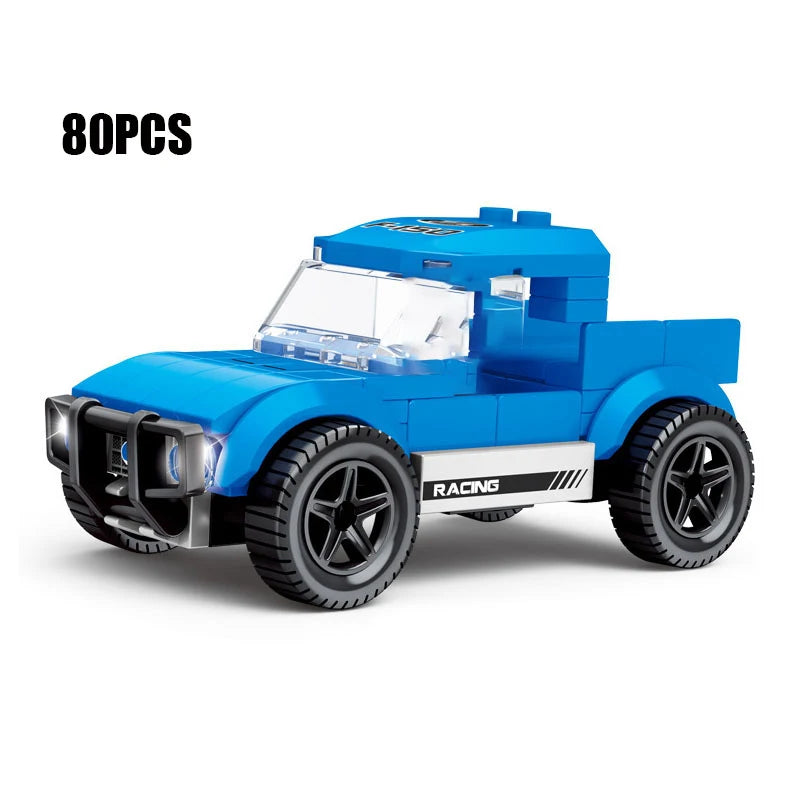 A blue police helicopter and SWAT carrier vehicle building blocks set with clear cockpit and wheels.