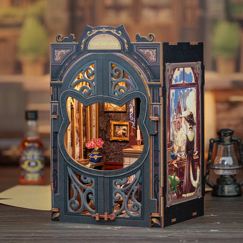 A wooden dollhouse bookshelf insert kit featuring an arched window design and decorative elements.
