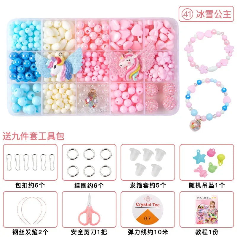 A set of polymer clay beads and tools for making jewelry, including various colors and shapes like pearls, flowers, and unico
