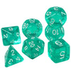 A set of six green acrylic dice including a d6, d8, d10, d20, and d12.