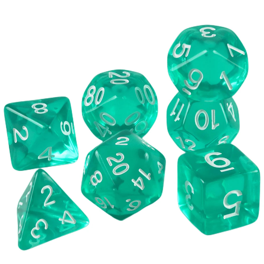 A set of six green acrylic dice including a d6, d8, d10, d20, and d12.