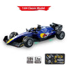 A blue 1:64 scale RC drift car model with black features and a control system