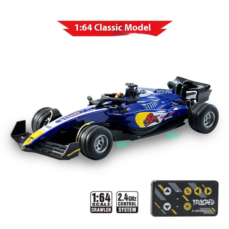 A blue 1:64 scale RC drift car model with black features and a control system