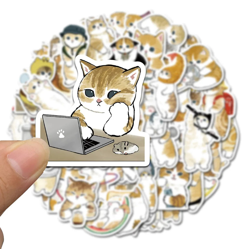 A circular sticker pack featuring 64 cartoon cats in various poses for laptops, phones, and scrapbooking.