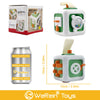 A set of green and white sensory cubes and a silver aluminum can for toddlers