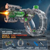 A transparent gray Z-lock ring version of a space fire-fighting water gun with a green body and accessories.