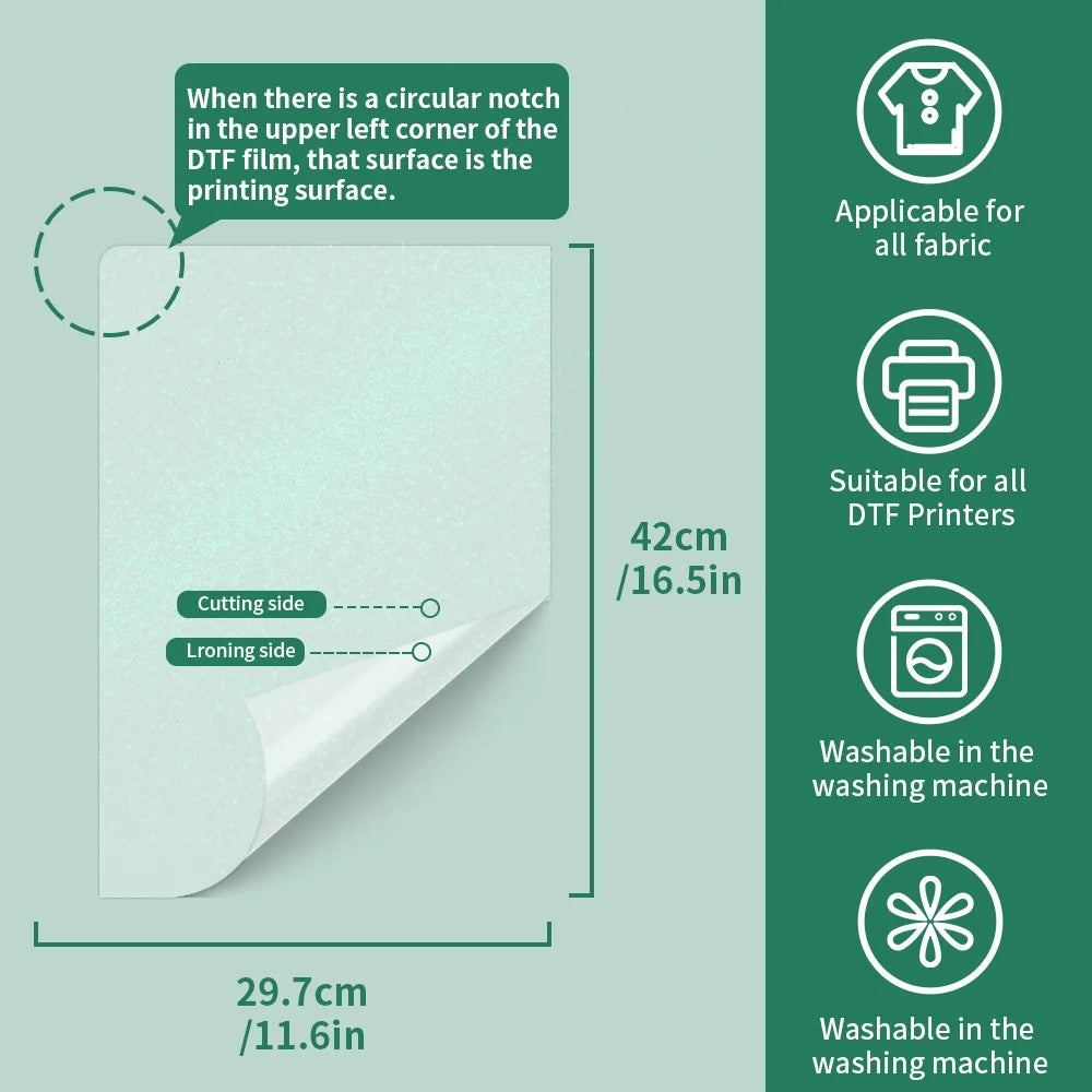 A sheet of white DTF transfer film showing the cutting and ironing sides, with dimensions 29.7cm by 42cm.