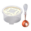 Elegant wax seal melting kit featuring a silver pot, heater, and a copper-colored spoon.