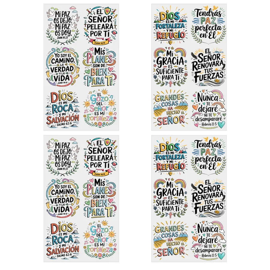 A set of Spanish Bible verse rub-on transfer stickers featuring verses like Dios es mi Roca and El Señor Renovará tus Fuerzas