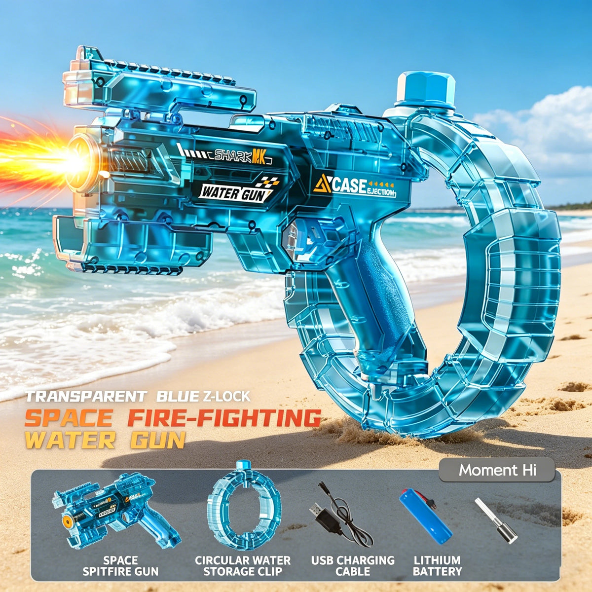 Transparent blue Z-lock space fire-fighting water gun with storage clip and battery