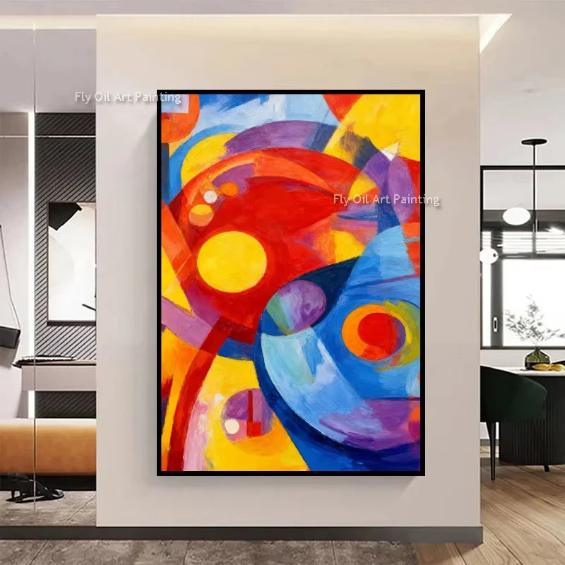 A vibrant abstract painting featuring bold strokes of red, yellow, blue, and purple on canvas.