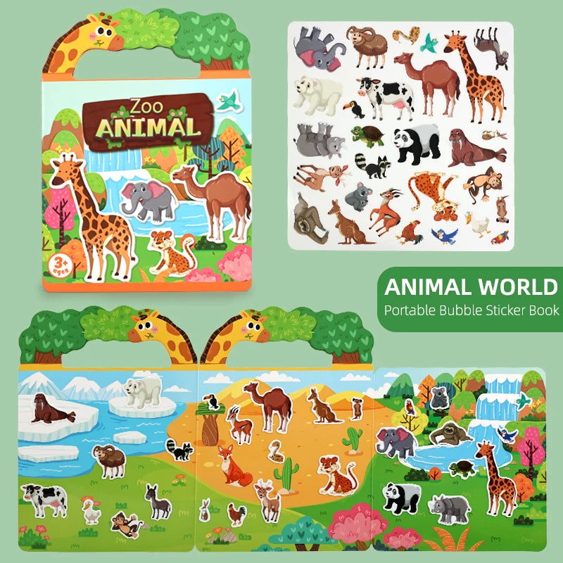 A colorful portable bubble sticker book featuring various zoo animals like elephants giraffes and monkeys.
