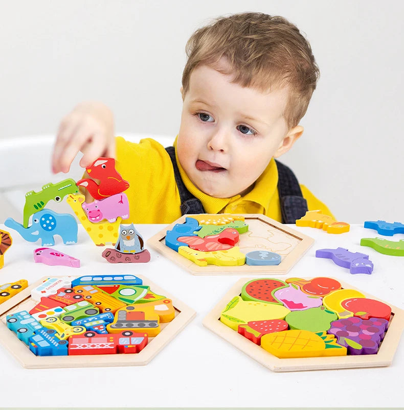 A baby is interacting with a wooden 3D jigsaw puzzle set featuring various colorful shapes and animals.